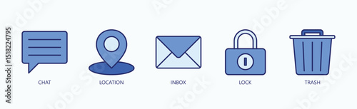 Essentials Of Digital Interaction Icon Set Isolated Vector With Icon Of Chat, Location, Inbox, Lock, Trash In Blue Style