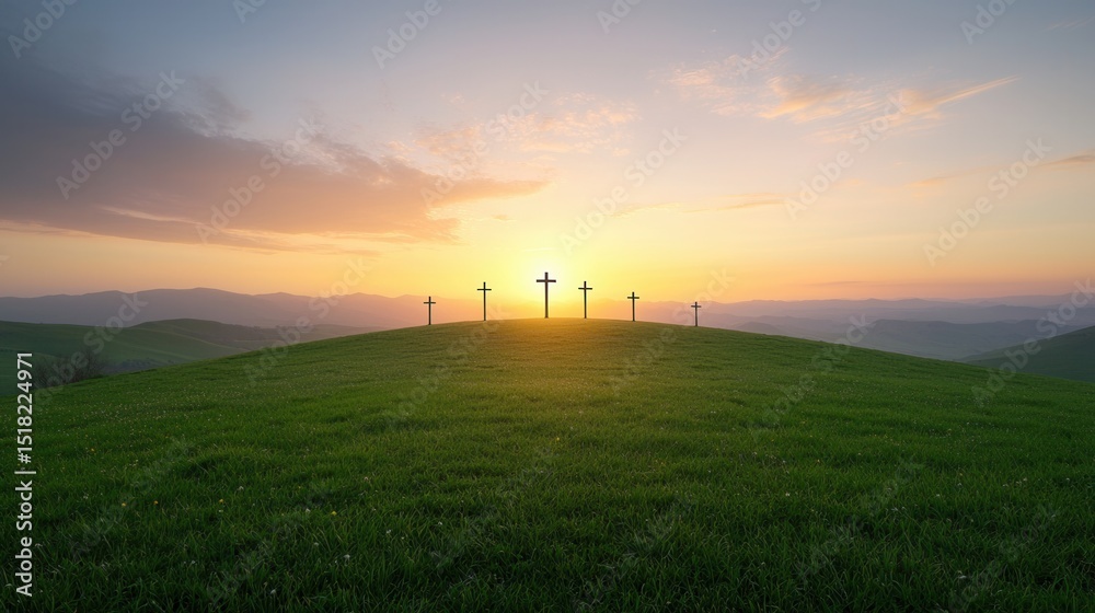 Obraz premium A serene landscape with a field of green grass and silhouetted crosses on a hill glowing in the warm light of a vibrant sunset