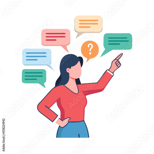 Business woman using mobile and tablet with digital icons and technology symbols in a flat design