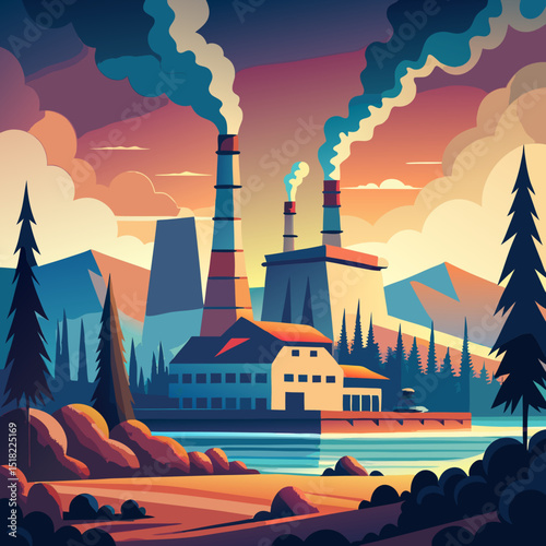 Coal Power Plant with Chimneys Emitting Smoke – Fossil Fuel Energy Illustration