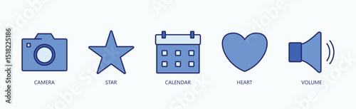 Moments And Emotions Icon Set Isolated Vector With Icon Of Camera, Star, Calendar, Heart, Volume In Blue Style