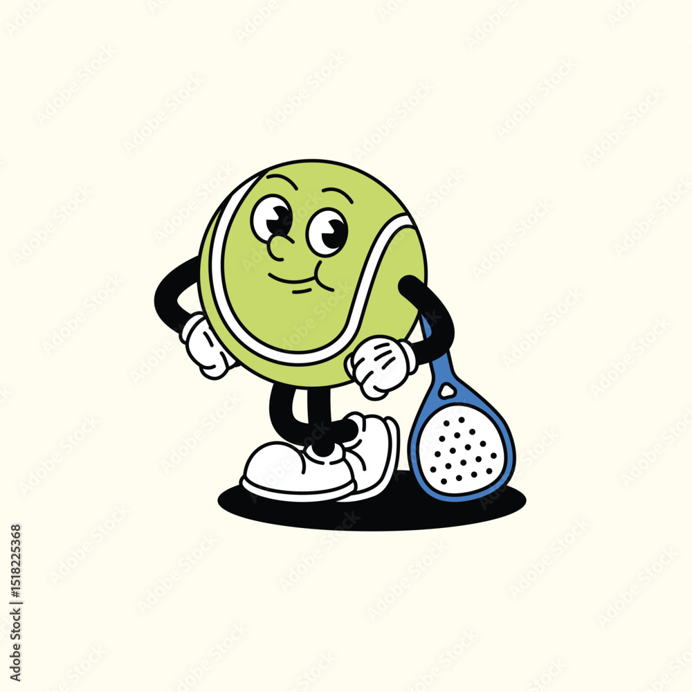 Obraz premium Cheerful Padel Paddle Tennis Ball character holding a blue Padel racket. Padel Paddle Ball Retro vintage mascot character with gloved hand and foot, rubber hose cartoon style.