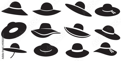 set of vector various style sun hat, beach hat, summer straw hat silhouette	

