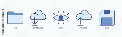 Essential File Management Icon Set Isolated Vector With Icon Of File, Download, View, Upload, Save In Blue Style