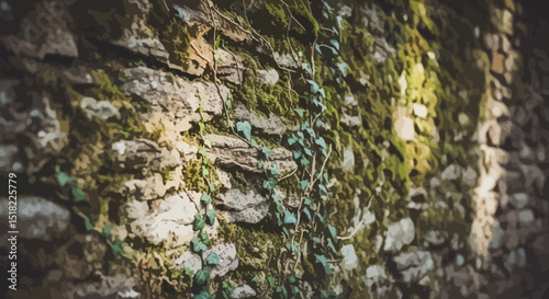 Old Rock Wall with Moss Vines and Stone Texture