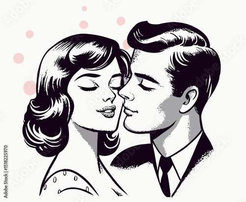 Romantic Couple Kissing, Vintage Style Illustration