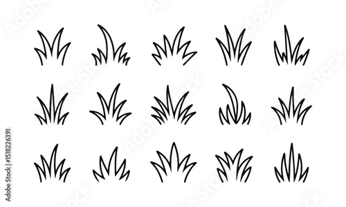 Vector illustration featuring a set of abstract grass tufts in a minimalist black line art style, each composed of sharp, curved, and jagged blade shapes, easily editable and scalable.