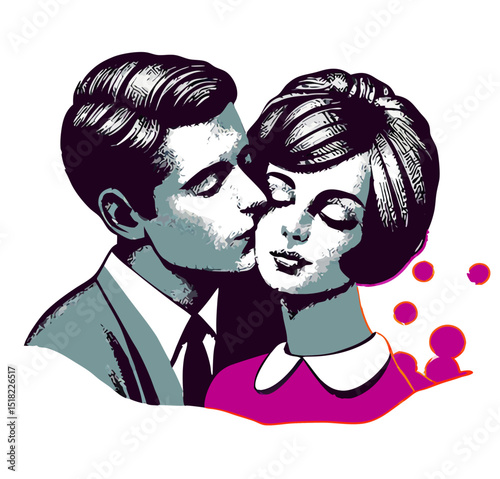 Retro Couple Kissing: Vintage Style Illustration