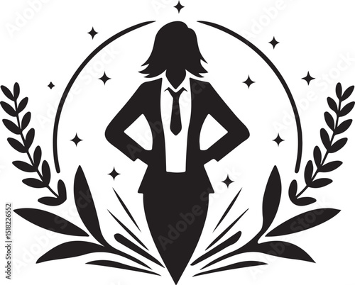 Powerful Woman Business Leader Silhouette with Floral Wreath Design