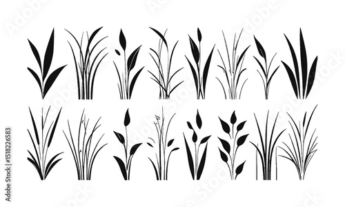 Vector illustration featuring a set of abstract grass tufts in a minimalist black line art style, each composed of sharp, curved, and jagged blade shapes, easily editable and scalable.