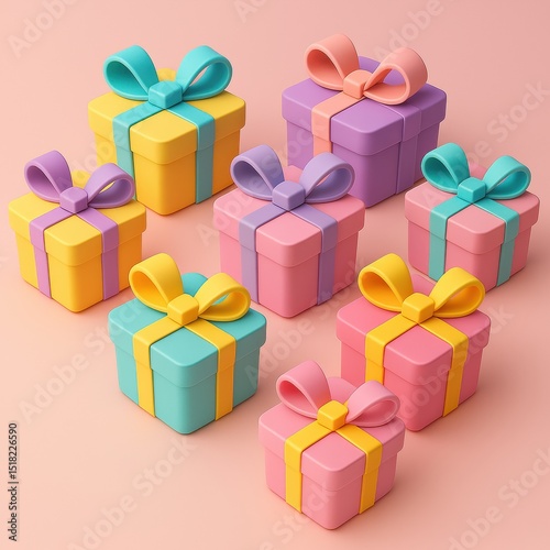 Brightly colored gift boxes with decorative bows arranged on a pastel background.