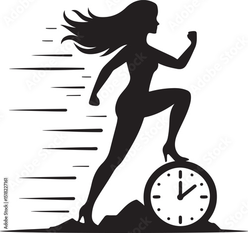 Woman Running Fast Over Time Clock Silhouette Design