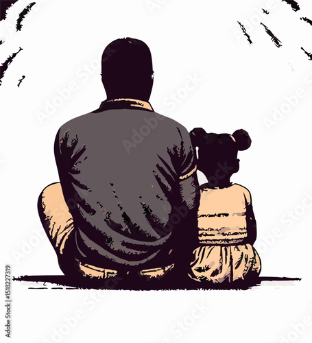 Father and Daughter Sitting Together Back View Illustration