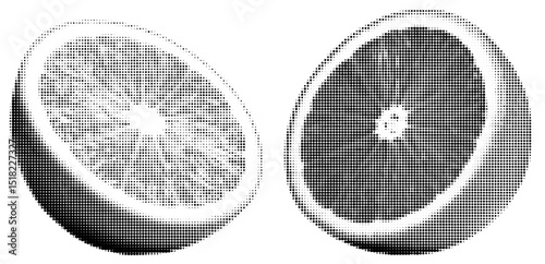 Cut orange in halftone effect on transparent background
