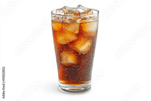 Wallpaper Mural Studio image of a tall glass filled with cola and ice cubes, with condensation on the glass against a white background. Torontodigital.ca