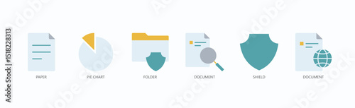 Essential Icon Set Isolated Vector With Icon Of Paper, Pie Chart, Folder, Document, Shield, Document In Flat Style