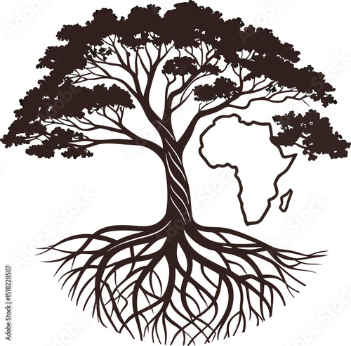 Black nature tree silhouette with intricate roots vector illustration