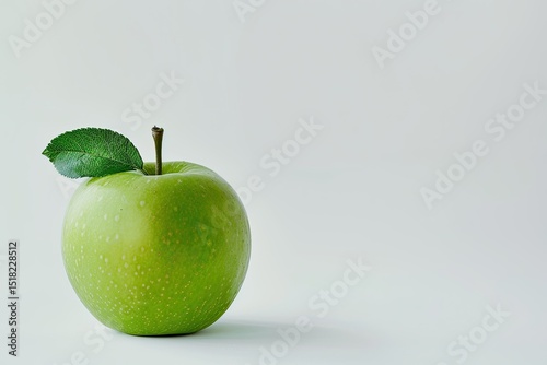 A Crisp Green Apple with a Green Leaf on a White Background with Copy Space