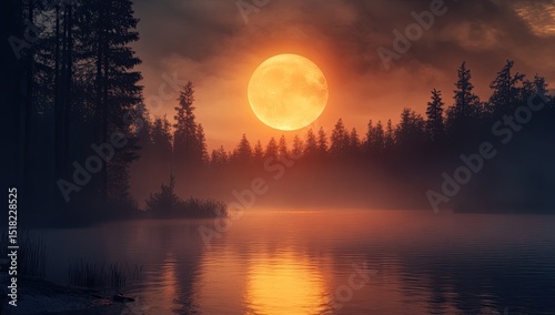 Fototapeta Naklejka Na Ścianę i Meble -  Crimson moon over misty lake (2)