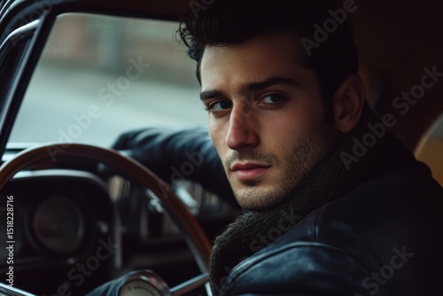 sharp image of handsome man sitting in car