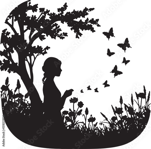 Silhouette of a Woman Amidst Nature's Beauty Butterflies, Flowers, and a Serene Tree