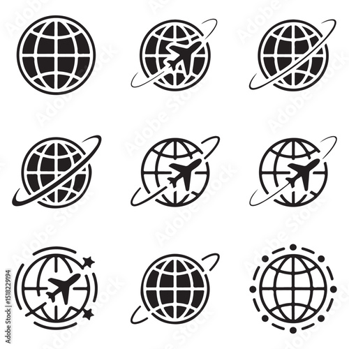 Globe and Airplane Symbols – Travel Icons for Business, Flight, and Global Journey Themes