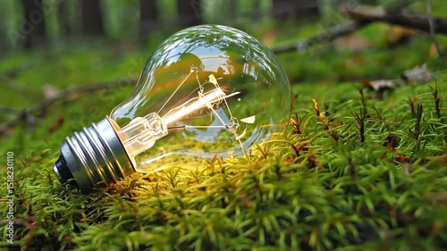 Light bulb lying on vibrant moss in forest, symbolizing green energy, sustainability, and eco innovation with natural reflections and soft sunlight