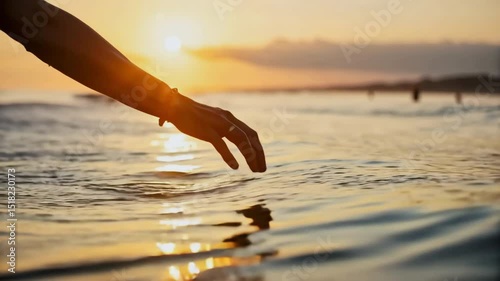Sunset serenity hand touching ocean waves beach nature photography tranquil setting close-up view peaceful reflection