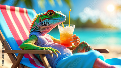 Colorful Lizard Lounging on Beach Chair with Iced Drink – Whimsical 4K Image