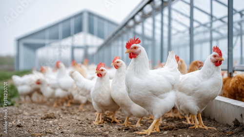 White chickens gather outside a modern poultry farm building on a cloudy day, standing on dirt near metal structures.