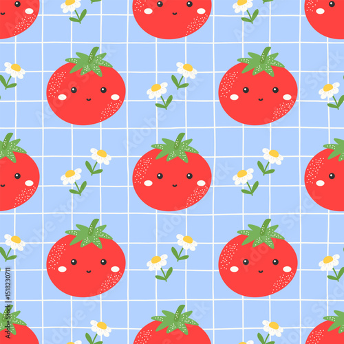 Cute vector seamless tomato pattern with smiling kawaii faces. Great for kids products, vegan food packaging, and playful fabric prints