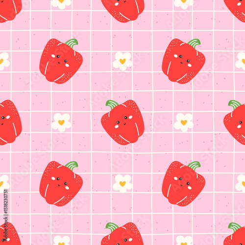 Vector Cute seamless pattern of sweet pepper with smiling faces. Great for childrens clothing, food decor, or healthy lifestyle prints