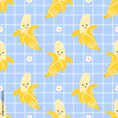 Seamless vector pattern kawaii banana with smiling faces and tropical vibes. Great for kids clothing, healthy food prints, or playful summer designs