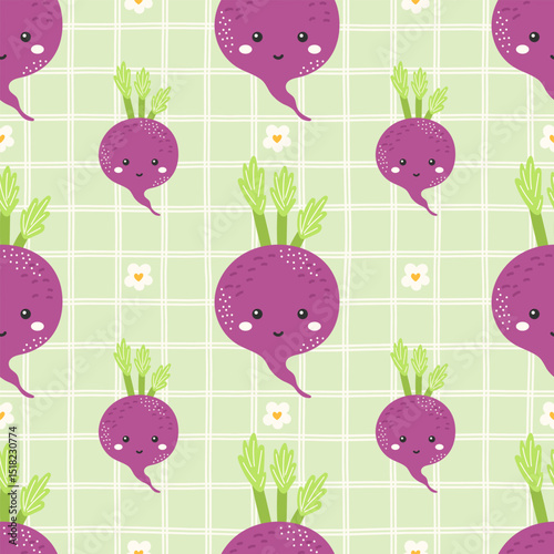 Seamless kawaii beet vector pattern with cute faces and floral accents. Perfect for kids clothing, wrapping paper, farm markets, kitchen textile