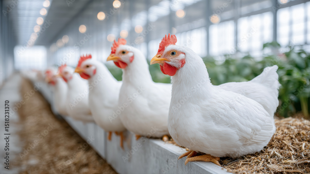 Fototapeta premium White chickens sit and stand in a clean, modern indoor poultry farm with natural lighting.