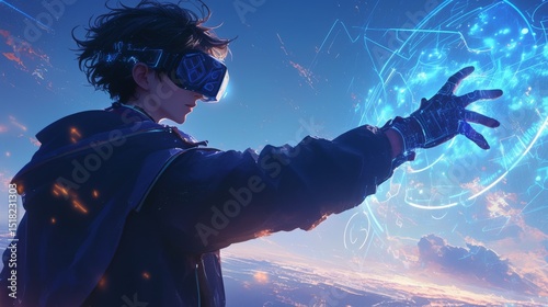 Futuristic anime style of young man with VR headset using augmented reality interface, symbolizing virtual technology and digital interaction in science fiction