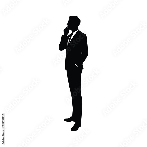 A thoughtful businessman silhouette stands in profile against a white background showcasing business strategy planning decision making leadership and corporate success concepts ideal for presentations