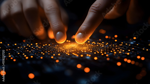 Exploring digital technology concept with fingers touching glowing circuit board network connection