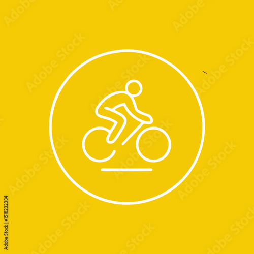 Ultra-minimal UI icon: Single continuous white line depicting a cyclist in side profile, perfectly centered within a solid yellow circle
