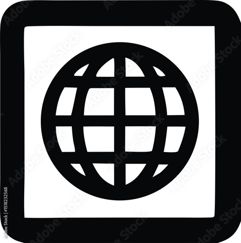 Bold black globe icon inside a square frame simple global connectivity symbol