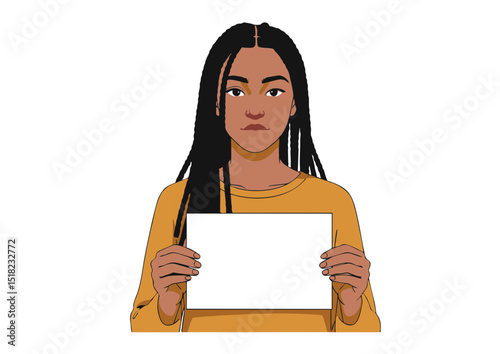 Young Woman with Long Braids Holding Blank Sign, Portrait Illustration, Diverse Female Character, Expressionless Face, Blank Space for Message