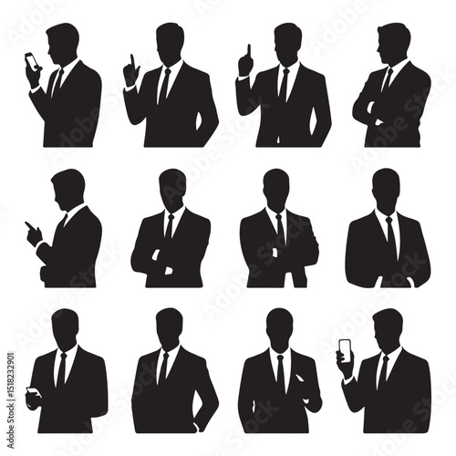 Businessman Silhouettes Set – Corporate Poses of a Professional Male in a Suit Holding a Mobile Phone