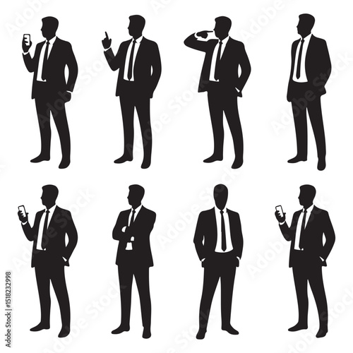 Male Business Icons – Various Poses of Businessmen in Suits with Phones for Professional Branding

