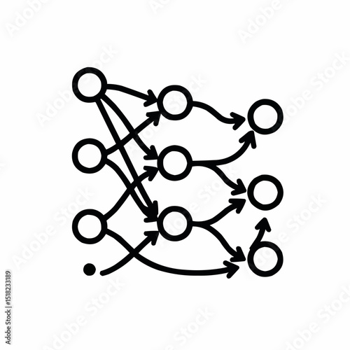 Outlined neural net symbol with dynamic node flows — AI in scientific analysis.