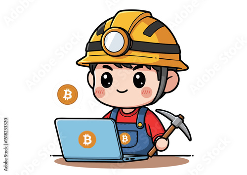 Cryptocurrency Mining A Cute Cartoon Illustration of a Bitcoin Miner Using a Laptop and Pickaxe