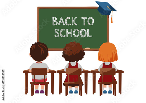 Back to School Cute Illustration of Children Eagerly Anticipating the New School Year, Featuring a Blackboard, Graduation Cap, and Students Ready to Learn
