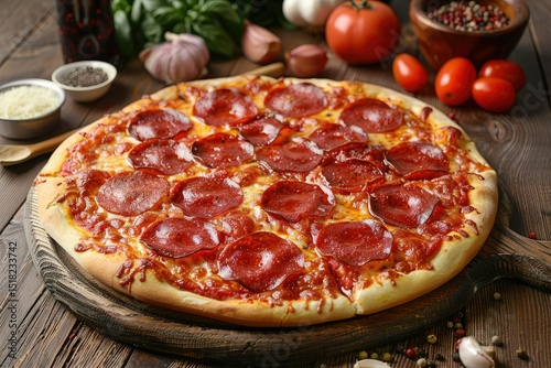 High Quality Picture of Pepperoni Pizza Surrounded by Fresh Ingredients on Rustic Wooden Table