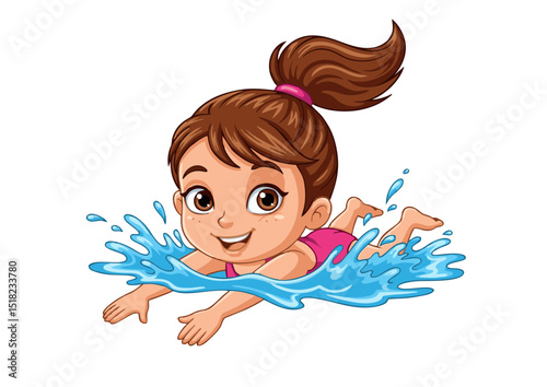 Adorable Little Girl Swimming Joyful Summer Fun in the Pool, Happy Child Splashing in Water, Cute Cartoon Illustration of a Kid Enjoying a Refreshing Swim
