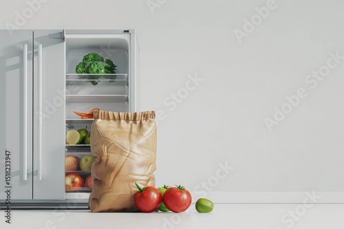 Grocery Bag on the Floor Next to an Open Empty Fridge Isolated on White Background Generative Ai