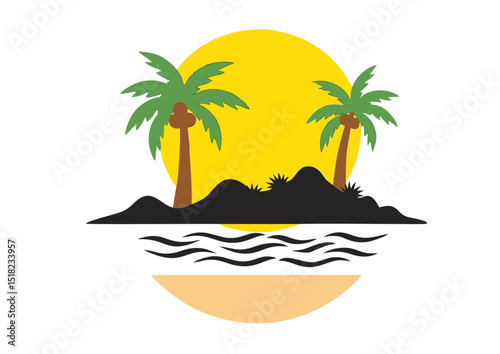 Tropical Island Paradise Sun, Sand, and Palm Trees - Idyllic Beach Scene Illustration